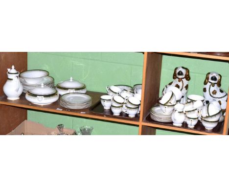 An extensive Royal Grafton majestic tea and dinner service and a pair of Staffordshire figures (two shelves)