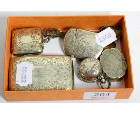 Two silver vesta cases, silver cigarette case, white metal snuff box, silver sovereign holder and two silver King Edward VIII
