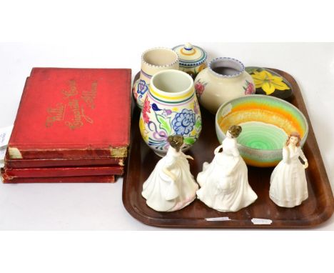 Three Royal Doulton figures 'Amanda', 'Harmony' and 'Joy', three Poole vases, Shelley bowl, Poole jar and cover, Moorcroft ov