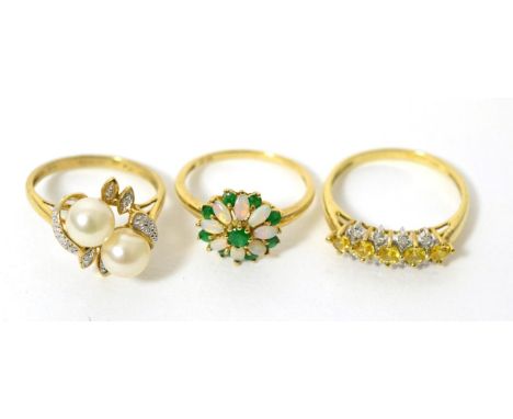 Three 9ct gold gem set rings Finger sizes O, R, N1/2. 4.3g gross