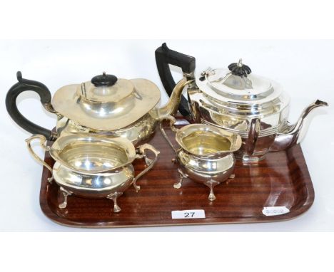 A three piece silver tea set, Birmingham, 1945 together with a separate silver teapot 