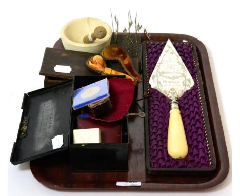 A cased Victorian silver plated ivory handled presentation trowel, twelve white metal lobster picks stamped '800', a Meerscha