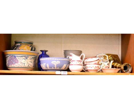 Two pieces of early Poole pottery, Wedgwood blue Jasperware, Masons 'Mandalay' pattern wares, art glass, tea wares etc 