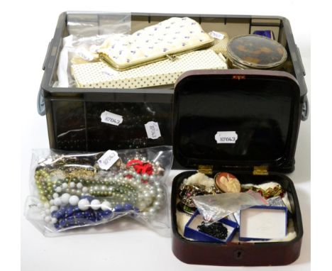 A group of costume jewellery including cameo brooches, Victorian silver and tortoiseshell ring box, silver bangle, faux pearl