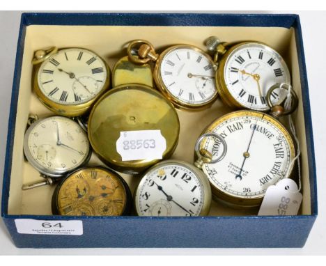 Six plated pocket watches, triple calendar moonphase fun metal pocket watch and a pocket barometer 