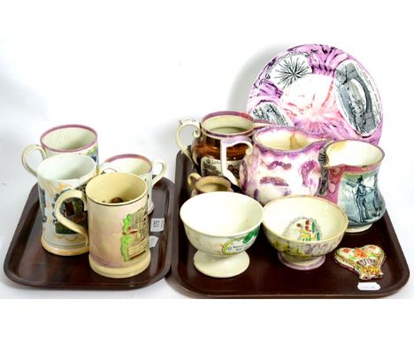 A group of Sunderland pottery and lustre ware including a frog mug depicting Crimean soldiers (damaged), a plate, jugs, other