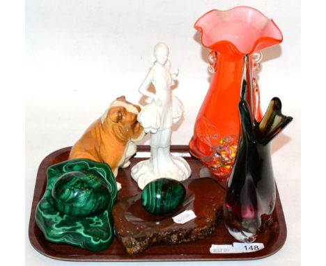 A small group of miscellaneous including malachite carvings, agate stand, Royal Worcester bulldog, Royal Worcester figure and