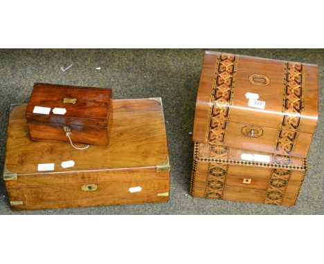 Two 19th century Tunbridgeware jewellery boxes, a rosewood tea caddy and a brass bound writing slope