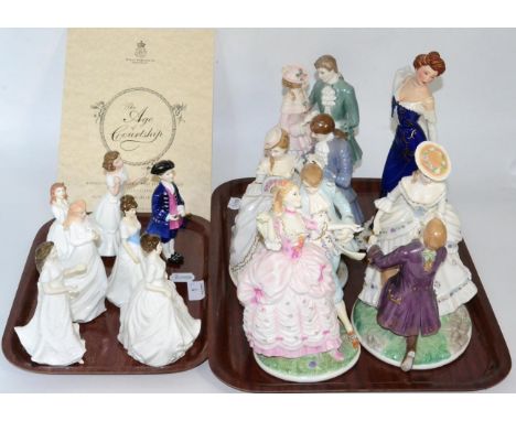 A group of twelve porcelain figures including Royal Worcester, Royal Doulton and others (two trays)