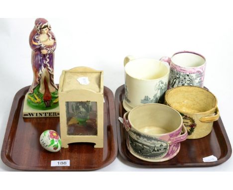 Dixon, Auston & Co lustre figure ''Winter'', together with a Sunderland pottery egg and a similar cased example, two mugs and