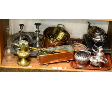 A quantity of silver plate and copper and brass ware consisting of plated teapot, sauce boat, bottle coasters, copper coal sc