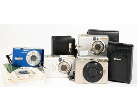 A BLUE PANASONIC LUMIX CAMERA, BOXED, SEVERAL CANON COMPACT CAMERAS, ETC