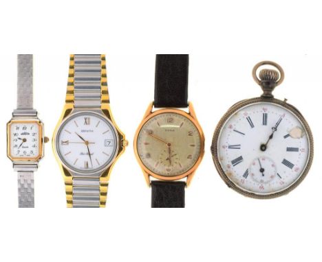 A GRADUS LADY'S WRISTWATCH, A ZENITH PORT ROYAL GOLD PLATED WRISTWATCH IN CASE, A CYMA GOLD PLATED WRISTWATCH AND A FRENCH SI