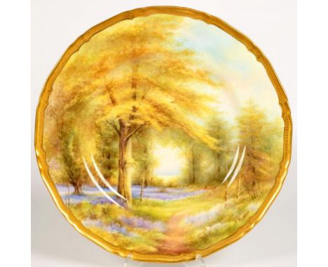 A ROYAL WORCESTER PLATE, PAINTED BY R. RUSHTON, SIGNED, WITH BLUEBELLS IN KEW GARDENS, ETCHED GILT RIM, 27CM D, PUCE PRINTED 