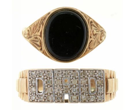 A ONYX SIGNET RING IN CHASED 9CT GOLD, SIZE R, AND A DIAMOND 'DAD' RING IN 9CT GOLD, SIZE V, 7.5G++LIGHT WEAR AND SCRATCHES C