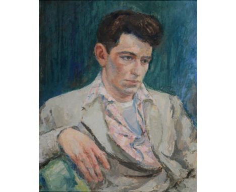 GLORIA OVERTON, PORTRAIT OF A GENTLEMAN, SIGNED AND DATED 1955, OIL ON BOARD, 60 X 50CM 