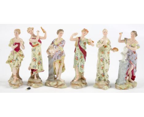 A SET OF SIX GERMAN PORCELAIN FIGURES OF MUSES, 12CM H, IMPRESSED NUMBERS, PAINTED ARROW IN BLUE, CIRCA EARLY 20TH C