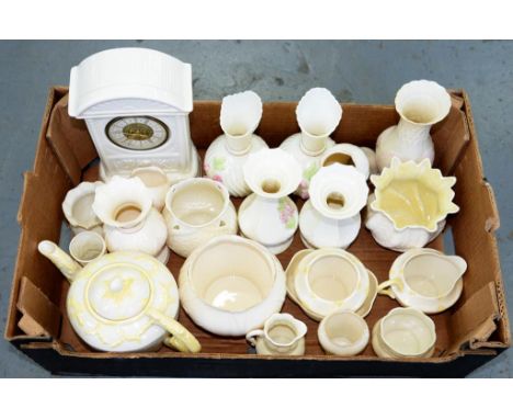 MISCELLANEOUS BELLEEK CHINA, TO INCLUDE TEAPOT, MANTLE CLOCK, VASES, PLATES, ETC