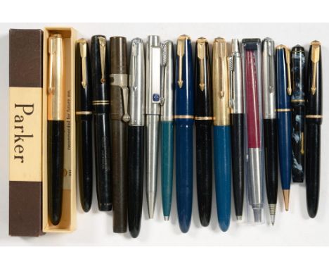 SIXTEEN VINTAGE, PRINCIPALLY PARKER, FOUNTAIN AND OTHER PENS, INCLUDING A VULCANITE EXAMPLE, ONE BOXED 