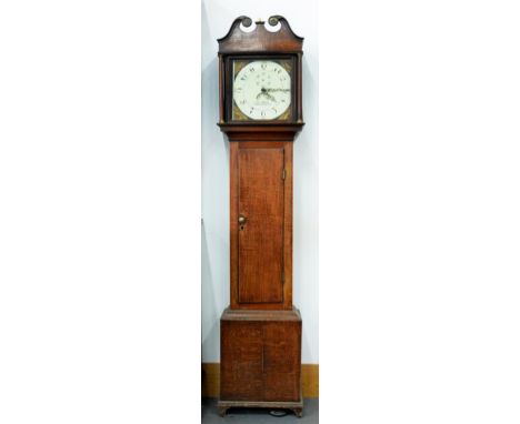 AN EARLY 19TH C OAK THIRTY HOUR LONGCASE CLOCK, THE PAINTED DIAL INSCRIBED JOSEPH MATSON WOOTTON BASSETT, 203CM H X 44CM