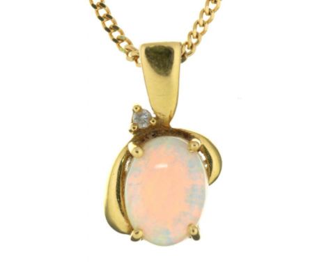 AN OPAL CABOCHON PENDANT, APPROX 1 CT,  IN GOLD MOUNT MARKED 750, ON 9CT GOLD CHAIN, 3G++OPAL FIERY, IN GOOD CONDITION WITH L