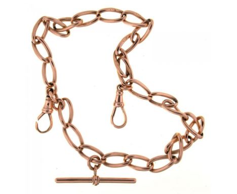 A 9CT GOLD ALBERT WITH T-BAR AND TWO CLIPS, LINKS INDIVIDUALLY MARKED, 31.5G++GOOD CONDITION, LIGHT SCRATCHES CONSISTENT WITH