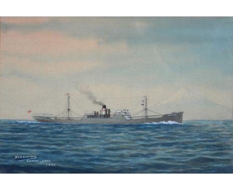 20TH C SCHOOL, PORTRAIT OF THE BRITISH MERCHANT SHIP S.S. "FREDA", OFF YOKOHAMA, SIGNED H. SHIMIDZU AND DATED 1926, 33 X 49CM