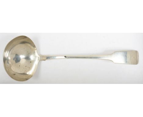 A IRISH GEORGE III SILVER SOUP LADLE, 30 CM L, DUBLIN 1813, 5OZS 9DWTS++LIGHTLY DENTED