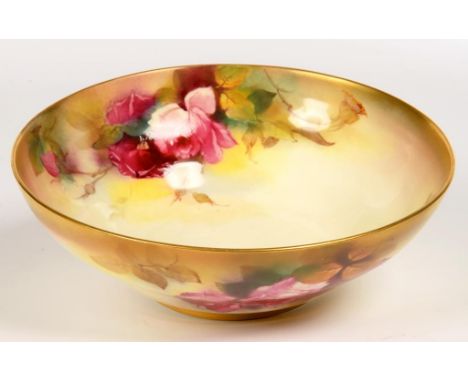 A ROYAL WORCESTER OGEE BOWL, PAINTED BY K. BLAKE, SIGNED, WITH HADLEY ROSES BELOW A SHADED GILT BORDER, 22.5CM D, PUCE PRINTE