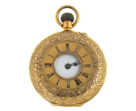 A GOLD HALF HUNTING CASED LADY'S LEVER WATCH, IN ENGRAVED CASE MARKED 18K, ENGRAVED INSIDE DECEMBER 18TH 1893, 35.5G++GENERAL