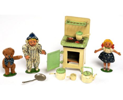 VINTAGE TOYS. A SMALL COLLECTION OF EARLY 20TH C BRITISH CAST AND PAINTED METAL DOLL'S HOUSE ACCESSORIES, INCLUDING A STOVE A