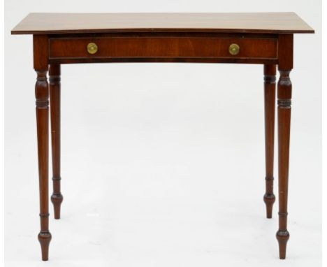 A VICTORIAN MAHOGANY CONCAVE SIDE TABLE, ON TURNED LEGS, 80CM H; 100 X 55CM 