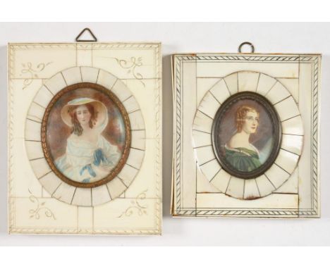 A PAIR OF FRENCH DECORATIVE OVAL PORTRAIT MINIATURES OF LADIES IN IVORY VENEERED FRAMES, 12 X 9.5CM OVERALL, EARLY 20TH C