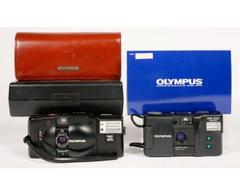 AN OLYMPUS XA 2 COMPACT CAMERA AND A11 FLASH, BOXED AND AN OLYMPUS AM 100 COMPACT CAMERA, BOXED 