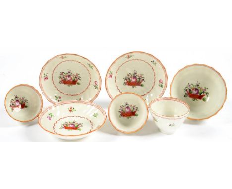 A SET OF THREE TURNER SHANKED 'BASKET' PATTERN [AFTER NEW HALL 171] TEA BOWLS AND SAUCERS AND A SLOP BASIN, BASIN 11.5CM D, C