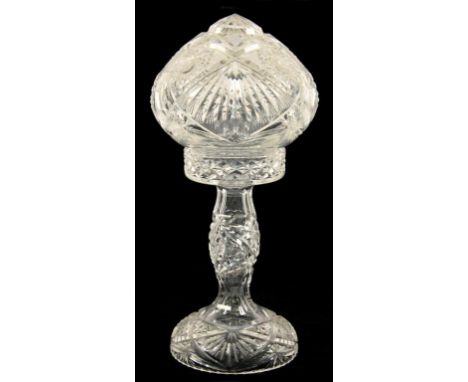 A CUT GLASS TABLE LAMP AND MUSHROOM SHADE, 38CM H, SECOND QUARTER 20TH C