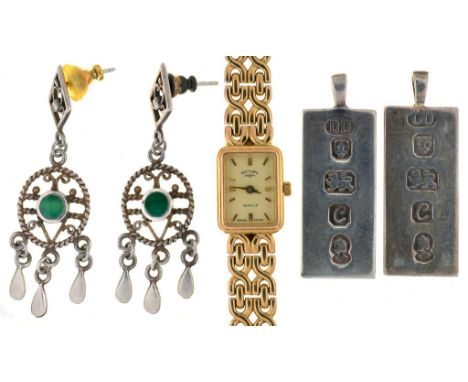 TWO SILVER INGOT PENDANTS, LONDON 1977, A PAIR OF SILVER WIREWORK EARRINGS AND A ROTARY GOLD PLATED LADY'S WRISTWATCH, 70G++G