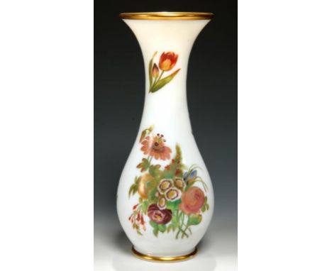 A FLORAL ENAMELLED OPAL GLASS VASE, PROBABLY FRENCH, C1860, 34cm h++Good condition