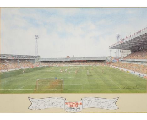 SOCCER. NOTTINGHAM FOREST, THE CITY GROUND, LITHOGRAPH, INDISTINCTLY SIGNED AND NUMBERED 310 OF 1000, EARLY FACSIMILE SIGNATU