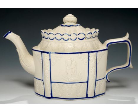 A FELSPATHIC STONEWARE TEAPOT AND COVER, STAFFORDSHIRE OR YORKSHIRE, C1810, 15cm h++Pinhead sized flat chip on tip of spout