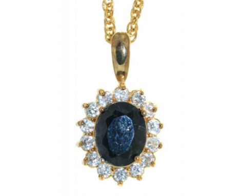 A GEM SET PENDANT IN GOLD, UNMARKED ON GOLD CHAIN MARKED 14K, 6G++LIGHT WEAR CONSISTENT WITH AGE
