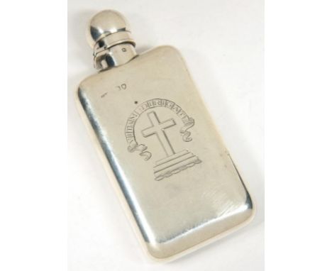 A VICTORIAN SILVER HIP FLASK, 12 CM H, LONDON 1886, 3OZS 3DWTS++LIGHTLY SCRATCHED. MARKS RUBBED.
