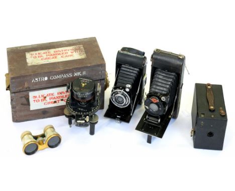 A WORLD WAR TWO ASTRO COMPASS MK. II PAINTED WOOD BOX, TWO AGFA AND ENSIGN FOLDING CAMERAS AND A BOX CAMERA ETC