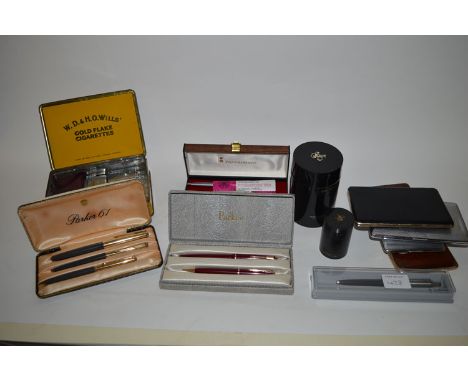 A Parker 61 fountain pen, with matching ball point pen and propelling pencil in fitted case; a Papermate Powerpoint pen and m