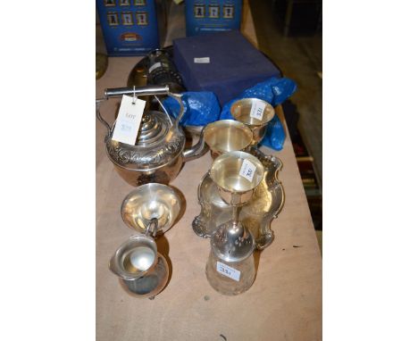 A miner's lamp; a circular plated bowl; a plated teapot; and sundry plated metalware.