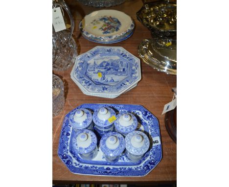 A set of six modern Spode 'Blue Room' collection jars and covers; a meat plate; four Spode 'Blue Room Sutherland Collection' 