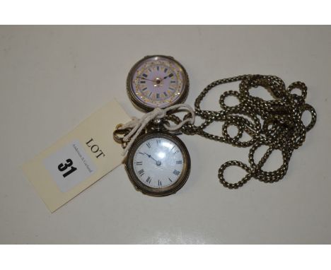 Two silver cased fob watches, one with white enamel roman dial, the other decorative pink enamel roman dial; and a steel map 