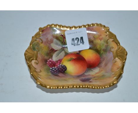 A small Royal Worcester rectangular shaped trinket dish decorated still-life fruit and signed M. Ayrton.