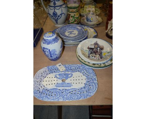A Copeland & Garrett late Spode blue and white meat plate drainer; a collection of miscellaneous blue and white plates; a Spo