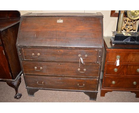 A stained wood bureau, the fall-flap opening to reveal a fitted interior, fitted three graduating drawers below with swan nec